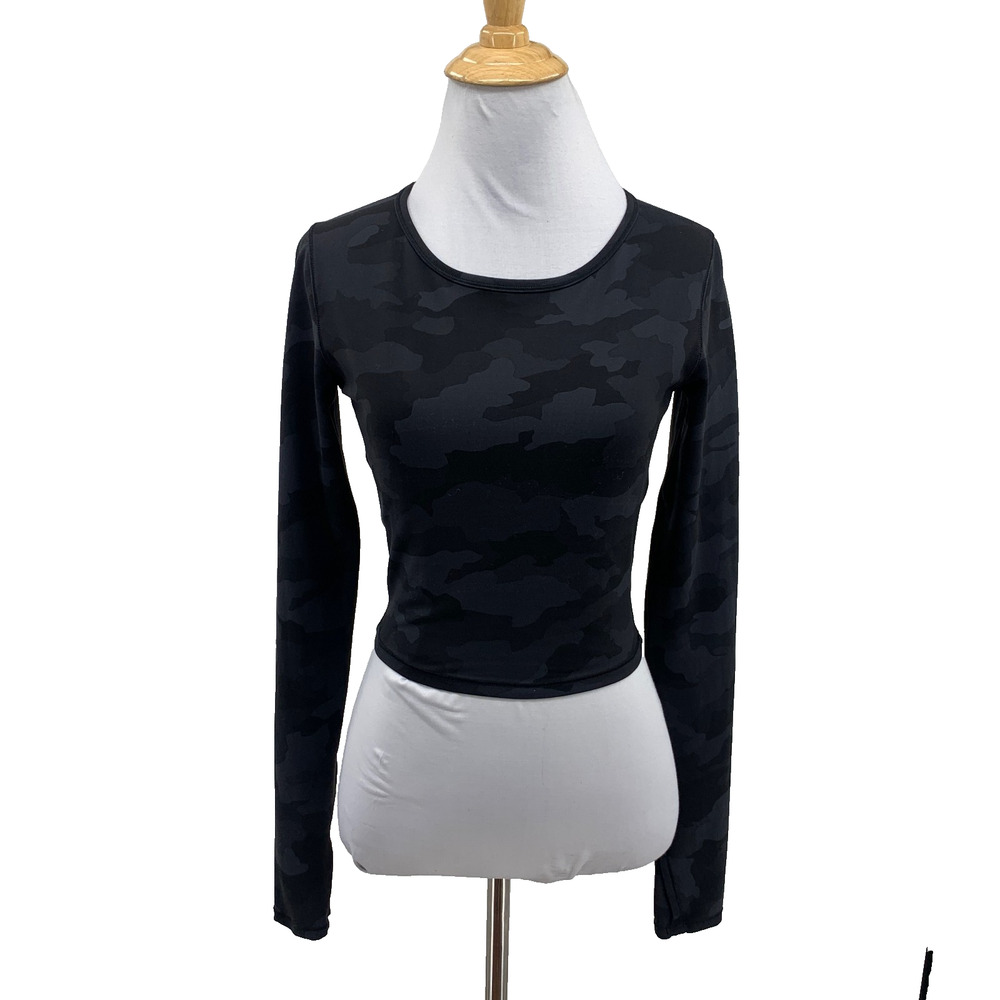 Lululemon Top Womens 4 Gray Black Wunder Train Cropped Long Sleeve Camo Training